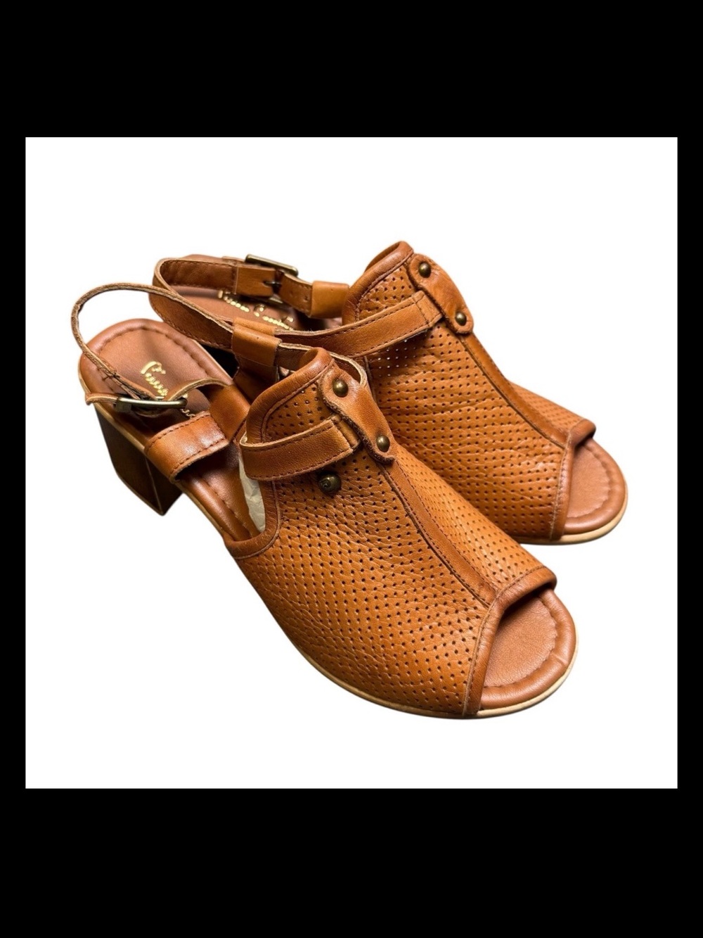 Pierre Cardin Tan Leather Slingback Block Heel Sandals Size 6.5 /EU 37